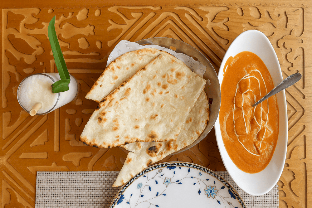 Perfectly baked Butter Naan, warm and inviting, paired with a flavorful lentil dish, a classic combination at Dalcheeni
